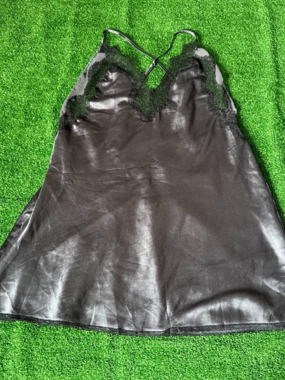 Victoria’s Secret Dark Gray Satin Black Lace Cami Crisscross Back Top 2014  L